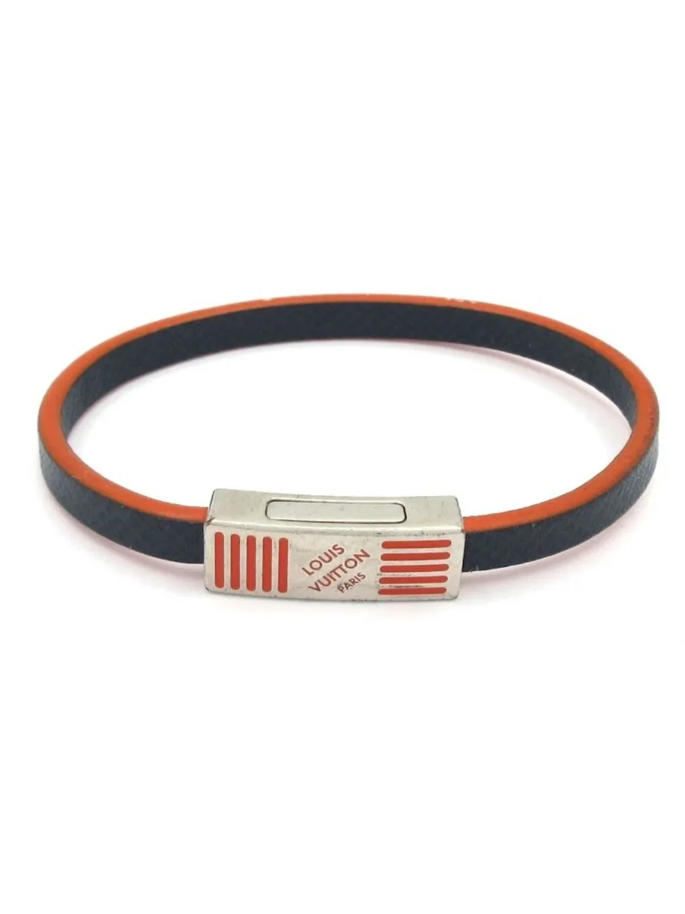Louis Vuitton Bracelet Edge It Leather Navy Orange Silver